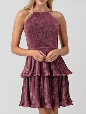 Minuet• Sparkle Tiered Low Back Mini Party Dress - Rose Metallic. Sz M NWOT